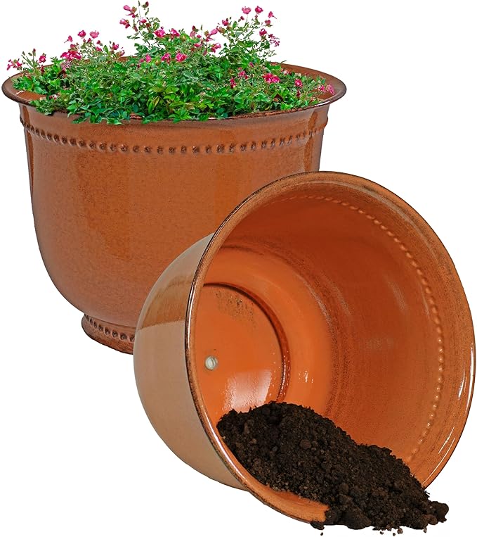 Sunnydaze Michael 14.5" Metal Outdoor Plant Pot Set with Drainage Holes and Rubber Plugs - Chestnut Glaze - Set of 2