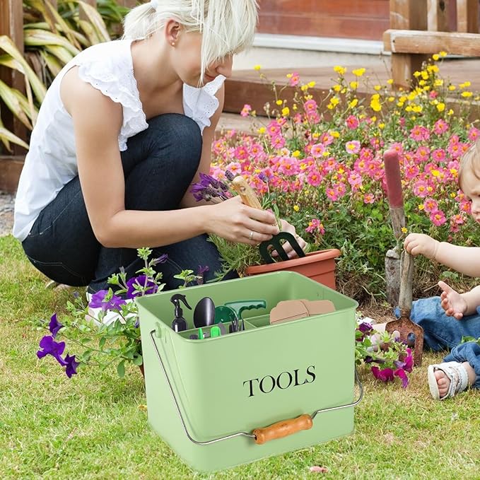 Xbopetda Garden Tool Organizer, Metal Tool Caddy with 3 Compartments, Portable Garden Tool Basket with Handle, Gardening Tool Kit Holder Empty, Garden Tool Storage for Indoor and Outdoor Use - Green