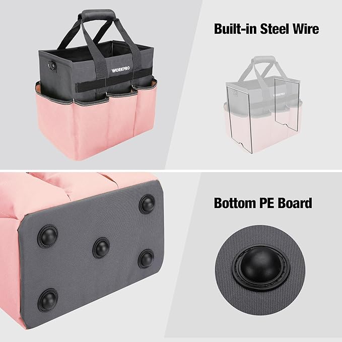 WORKPRO Garden Tool Bag, Heavy Duty Gardening Tote Bag Organizer with 10 Pockets and Long Adjustable Shoulder Strap, Standable Garden Home Tool Kits Organizer, Pink