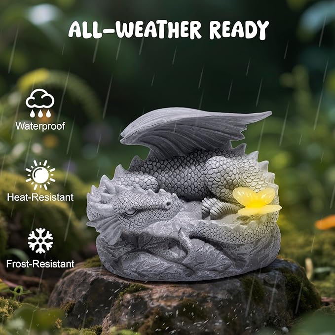 basen Solar Dragon Garden Statue Outdoor Decor, Resin Flying Dragon Figurine with LED Light, Solar Powered Fantasy Yard Art for Lawn Patio Porch Pathway, Weather Resistant