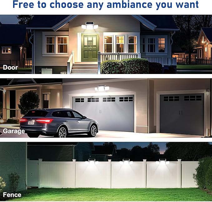 White Solar Security Light Outdoor Super Bright LED, Motion Sensor Flood Light, 3 Heads 270° Wide Angle, Remote Control, IP65 Waterproof, 3 Modes (1 Packs)