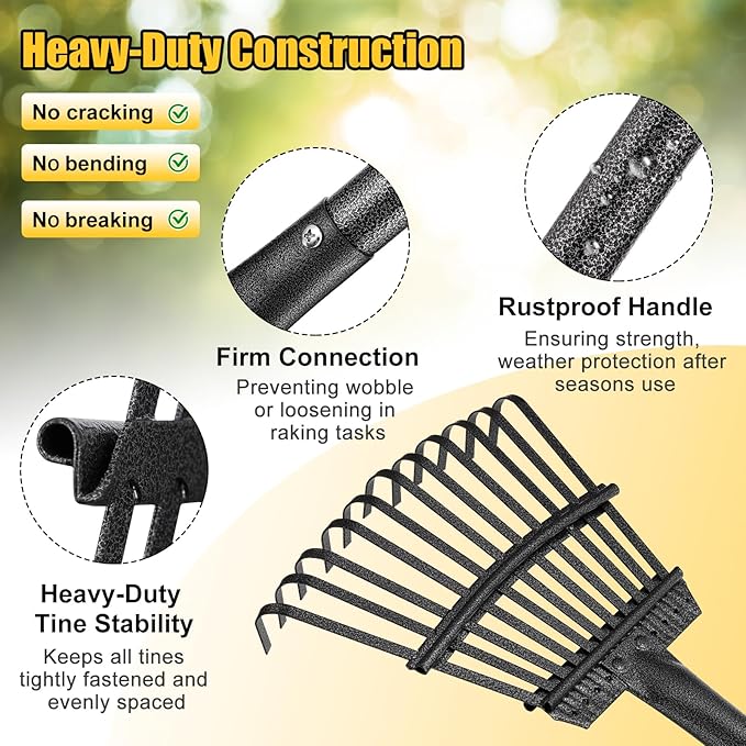 Leaf Rake: 8.5" Wide Heavy Duty Small Metal Garden Rake for Lawn Yard Garden Bed Leaves Debris Shrub Pine Needles Cleanup, 11 Metal Tines, Lightweight Kids Leaf Rakes, 72” Long Handle