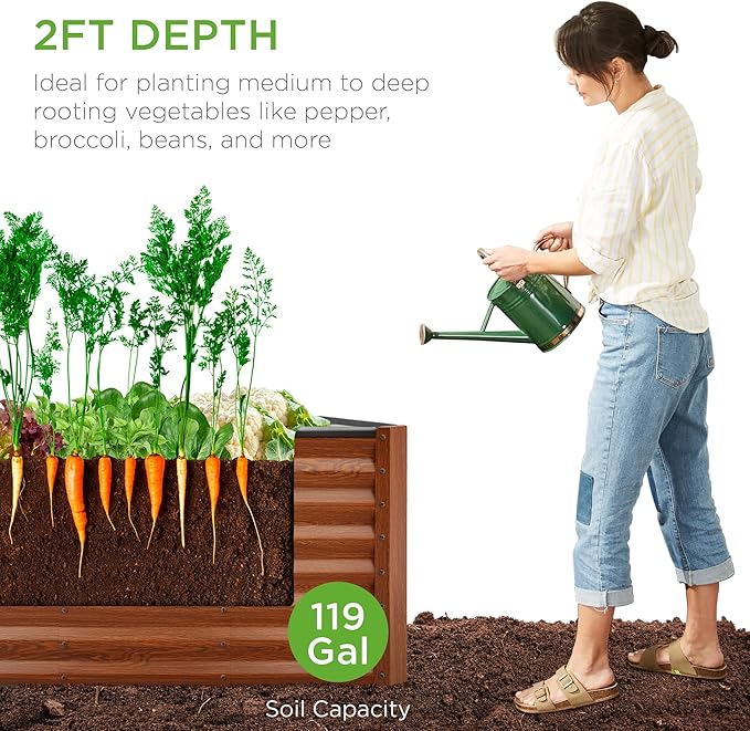 Best Choice Products 4x2x2ft Outdoor Metal Raised Garden Bed, Deep Root Box Planter for Vegetables, Flowers, Herbs, 119 Gallon Capacity, 100% Non Toxic Materials - Wood Grain