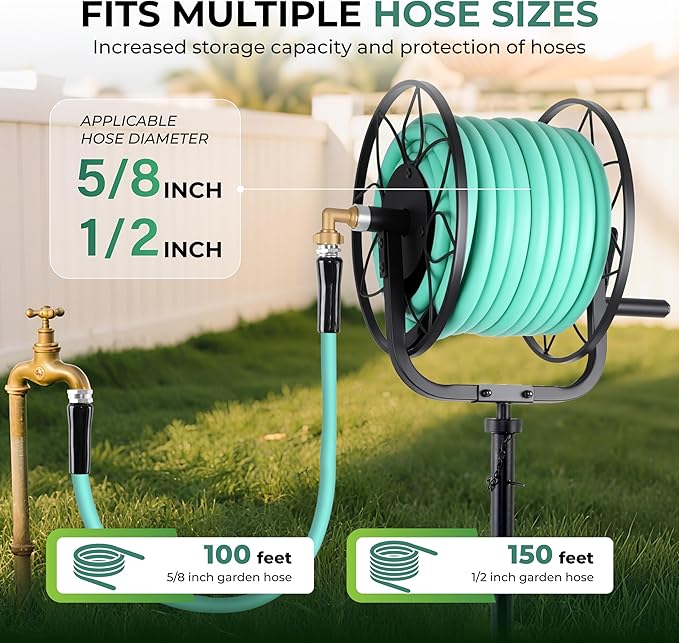 Favormony Garden Hose Reel - Heavy Duty Outdoor Turntable Water Hose Holder with Sturdy Cross Base, 100 ft of 5/8" Hose Capacity, Height Adjustable 360 Degree Rotate Freestanding Hose Stand for Yard