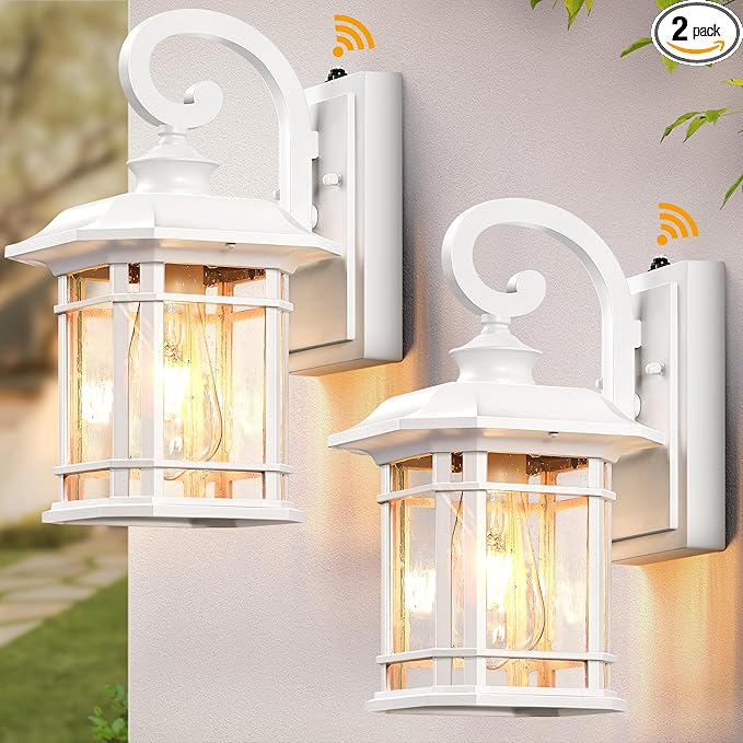VIANIS White Exterior Lighting Fixtures, 2 Pack Porch Lights Outdoor, Outdoor Wall Lights Dusk to Dawn, Anti-Rust Outdoor Lighting for House, Porch, Garden, Doorway, Seed Tempered Glass