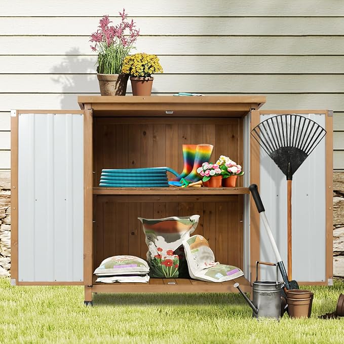 Wood & Metal Outdoor Storage Cabinet with Waterproof Roof, Garden Tool Shed with 4 T-Hinge, 4 Adjustable feet and Magnetic Door, 2 Removable Shelves, Easy Installation, 13.5" D x 34.5" W x 39" H