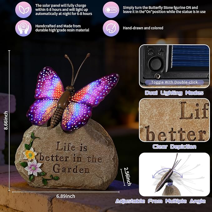 Solar LED Butterfly Garden Statue with Sparkling Light-Up Wings - Outdoor Yard Patio Decor Figurine, for Women Mom Grandma(Purple)