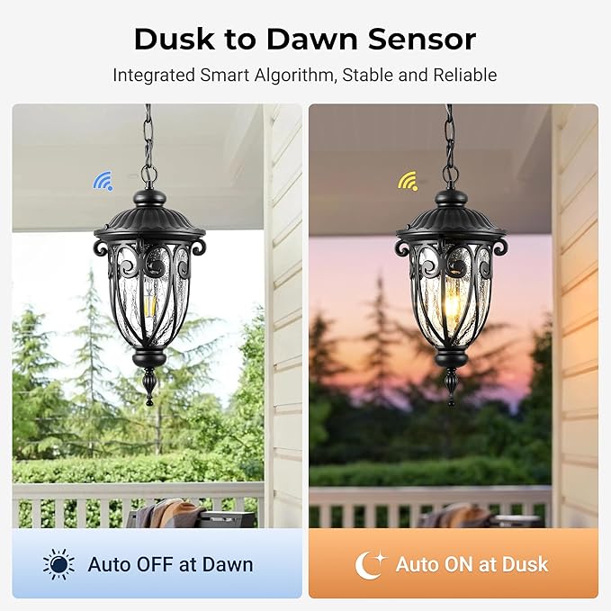 VIANIS Black Dusk to Dawn Outdoor Hanging Lights, Vintage Outdoor Pendant Light with Seed Glass, Waterproof, Anti-Rust Adjustable Length Chandelier, Hanging Ceiling Light for Porch, Garden, Yard