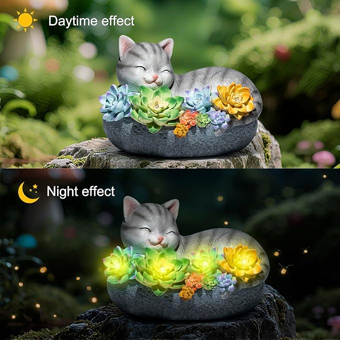 basen Solar Sleeping Cat Outdoor Garden Decor, Resin Cat Figurine with Colorful Succulent Flowers, Solar Powered LED Light, Waterproof Yard Lawn Patio Ornament, Cute Animal Gift for Home Garden
