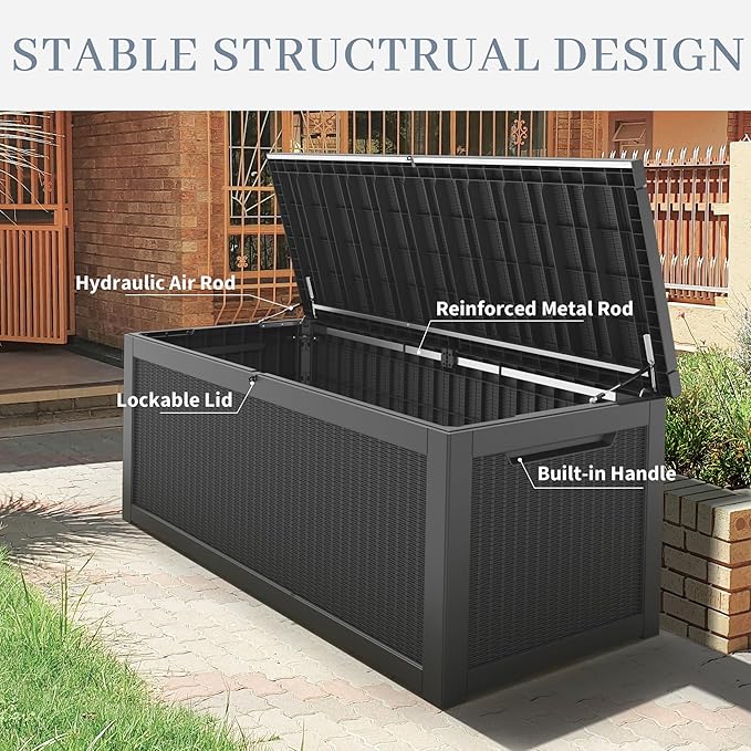 WTFGO 320 Gallon Large Resin deck box Waterproof,Outdoor Storage Bench,Patio Storage Box,Garden Tool Storage,Resin Large Sturdy Deck boxes with Double Wall Panels,Rattan Black