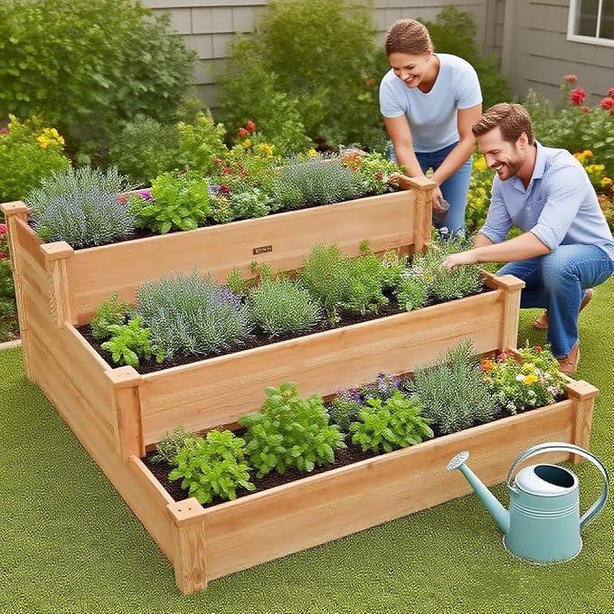 ZSYWODFO 3-Tier Raised Garden Bed with Fabric Liner, Wood Elevated Planter Box with Dovetail Joint Design, 3 Dividable Bed Kit for Vegetables/Herbs/Flowers, Outdoor Gardening for Patio, Lawn, Balcony