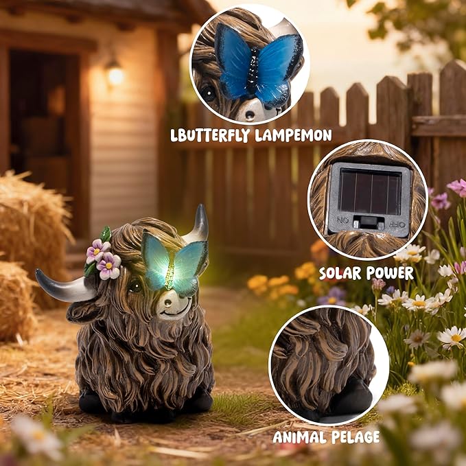 basen Solar Powered Highland Cow Statue for Garden, Resin Outdoor Decor with Illuminated Butterfly, Waterproof Lawn Yard Ornament with Auto On Off Light for Patio Backyard