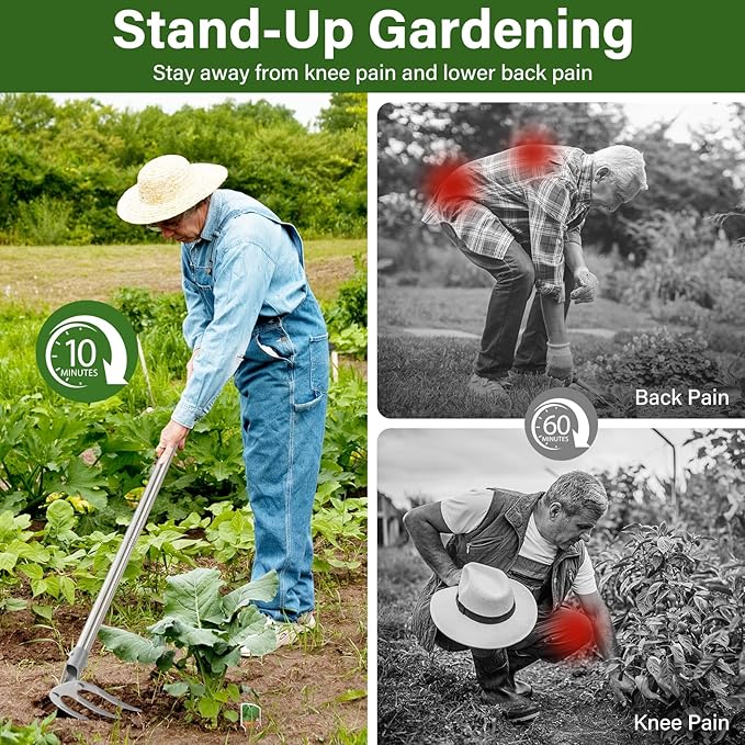 Hand Rake Garden Tool - 57" Long Handle Soil Tiller Cultivator Weeding Rake, 3-Tine Heavy Duty Carbon Steel with D-Grip for Effortless Weeds Digging, Soil Loosening, Planting