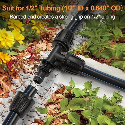 Copadri 21 Pieces1/2 Inch Drip Irrigation Fittings Kit, 1/2'' Drip Line Barbed Locked Connectors for 1/2 Inch Irrigation Tubing (1/2" ID x 0.640" OD) Coupling Tee Elbow Plug Valve Faucet Adapter