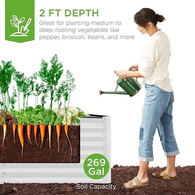 Best Choice Products 6x3x2ft Outdoor Metal Raised Garden Bed, Deep Root Box Planter for Vegetables, Flowers, Herbs, 269 Gallon Capacity, 100% Non Toxic Materials - White
