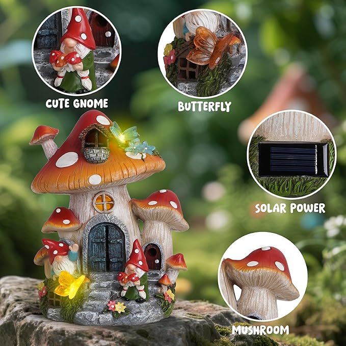 basen Solar Mushroom House Garden Statue Outdoor Decor, Resin Fairy Gnome House with LED Light, Solar Powered Whimsical Yard Art for Lawn Patio Porch Pathway, Weather Resistant