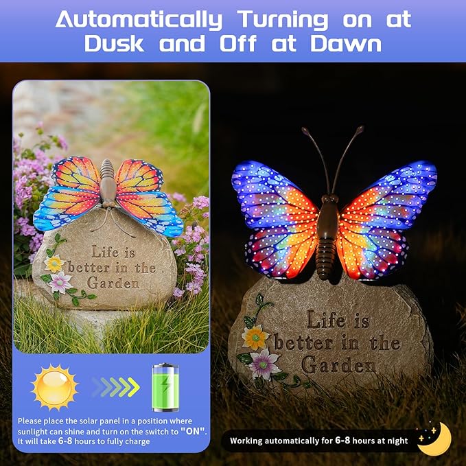 Solar LED Butterfly Garden Statue with Sparkling Light-Up Wings - Outdoor Yard Patio Decor Figurine, for Women Mom Grandma (Orange)