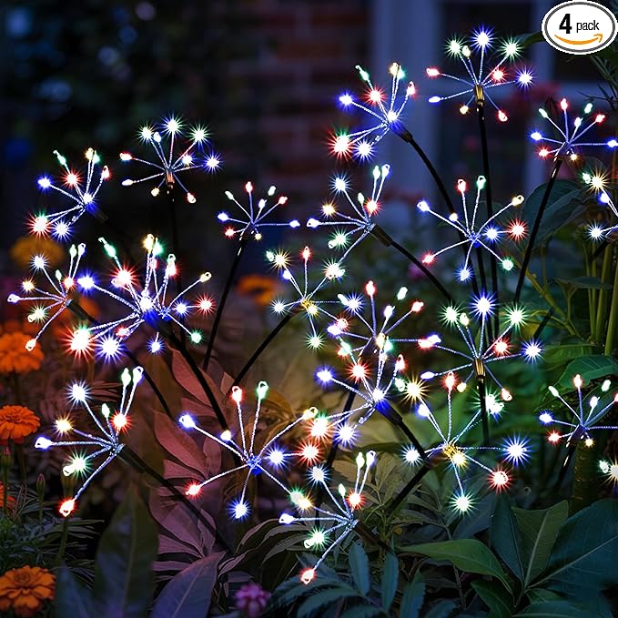 Solar Garden Lights Outdoor, Solar Garden Decor, Solar Fairy Lights, Gardening Supplies, Solar Powered Lights Waterproof for Yard Patio, Fairy Decor Firwork(4 Pack Multi-Colored)