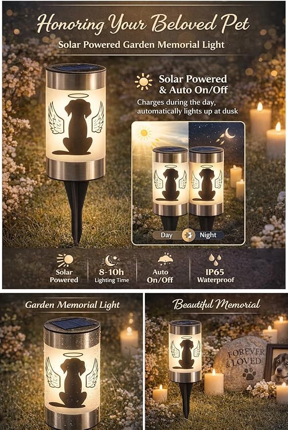 Solar Dog Memorial Garden Light, Outdoor Pet Remembrance Keepsake with Angel Silhouette, Automatic Dusk to Dawn LED Yard Stake
