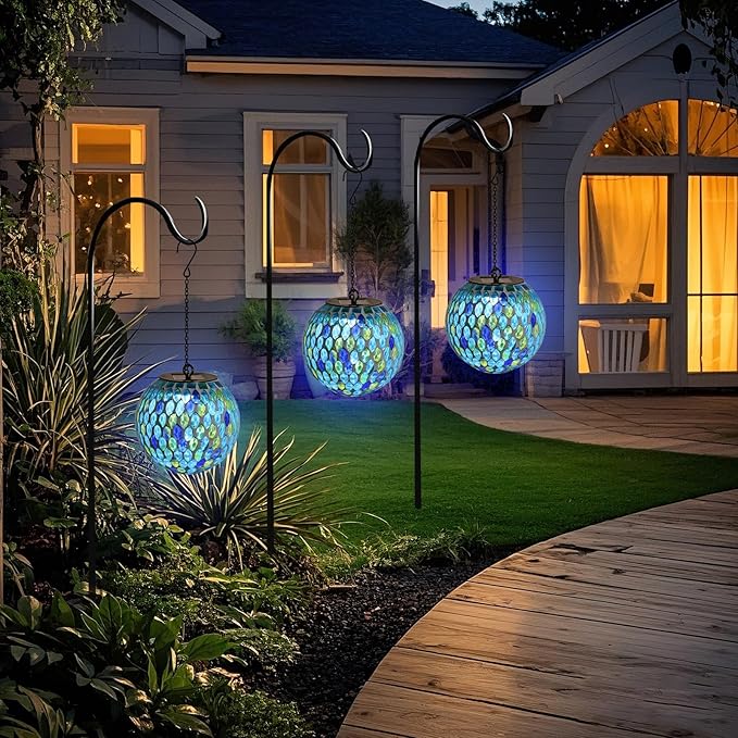 VCUTEKA Hanging Solar Lanterns Mosaic Solar Lights with Hook Up, Outdoor Garden Lights Decor for Yard Tree Fence Patio, Blue
