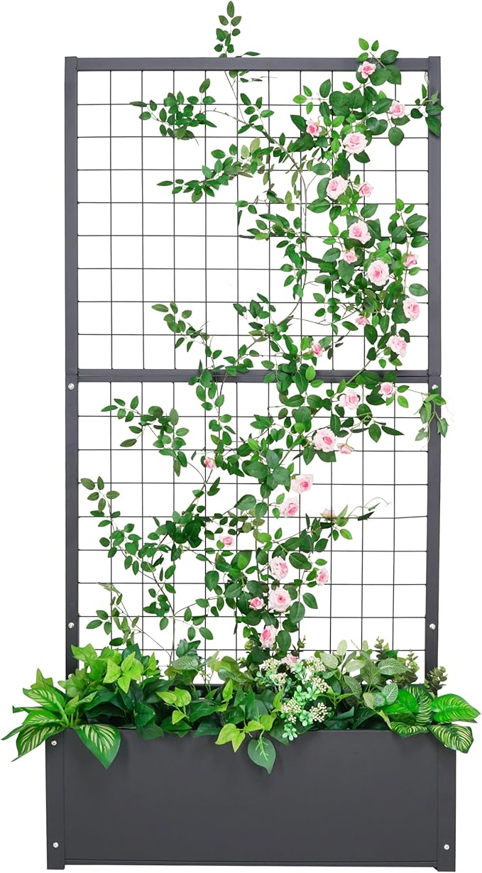 YKteedens Metal Planter with Trellis Raised Garden beds Outdoor (35.5" L*12" W*71" H) inch Planter Box with Trellis&Privacy Screen for Climbing Plants, Vegetables, Vines