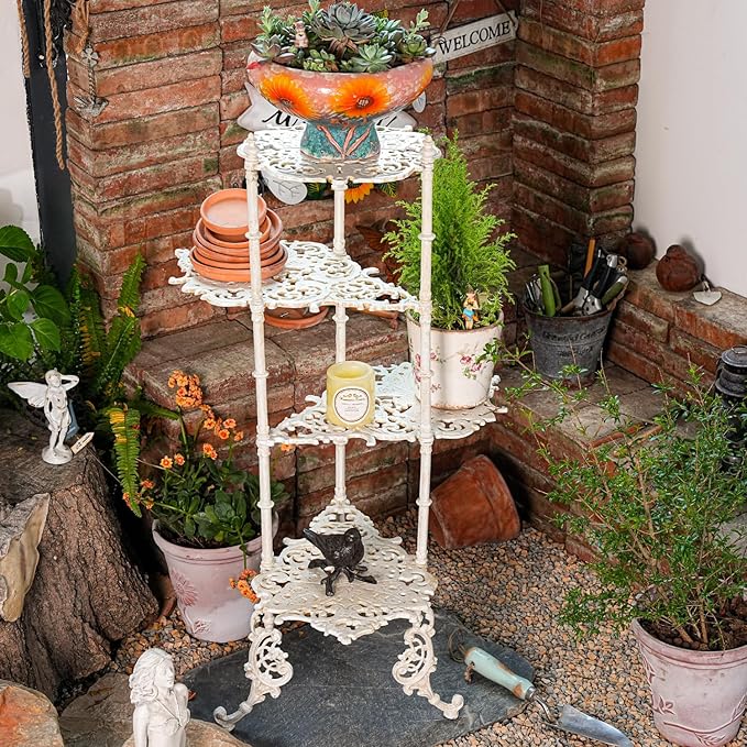 Sungmor Vintage Cast Iron 4-Tier Plant Stand, Elegant Butterfly & Floral Design with Antique White Finish, 36 Inch Tall Rustic Flower Pot Holder, Heavy Duty Metal Display Shelf for Indoor and Outdoor