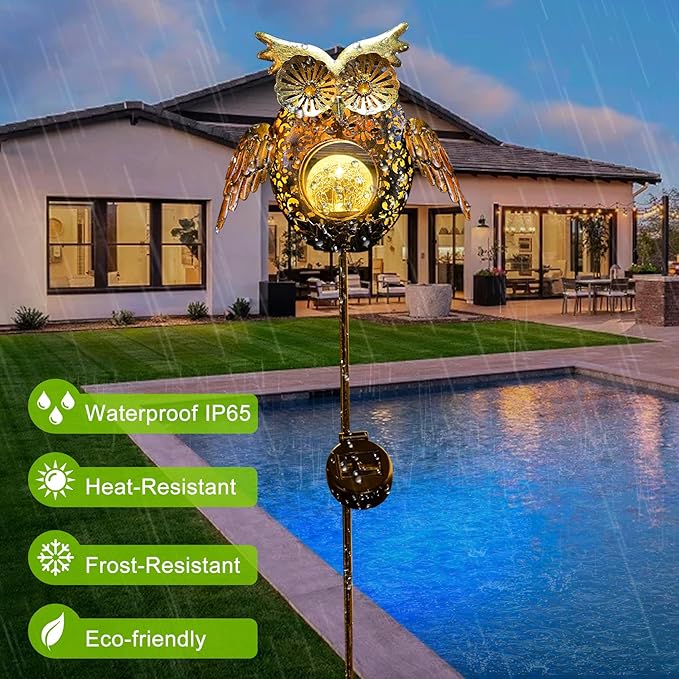 Go2garden Solar Lights Outdoor Owl Garden Gifts Mom Metal Stakes Lights for Lawn Ornaments, Yard Art, Pathway Decorations,Birthday Mothers' Day Gift for Grandma Wife (Bronze)