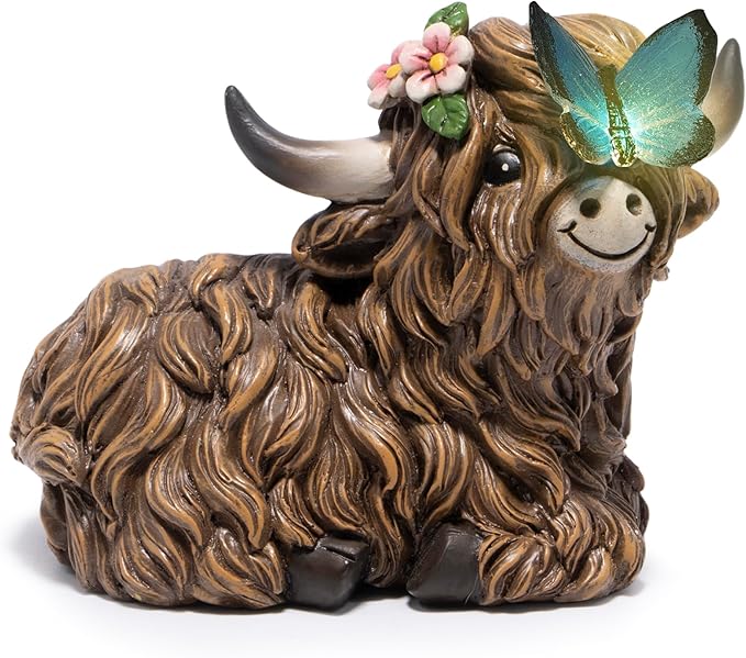 basen Solar Highland Cow Garden Statue with Lighted Butterfly, Resin Outdoor Yard Decor with Solar Panel, Waterproof Lawn Patio Ornament for Garden, Pathway, Backyard Decor Gift