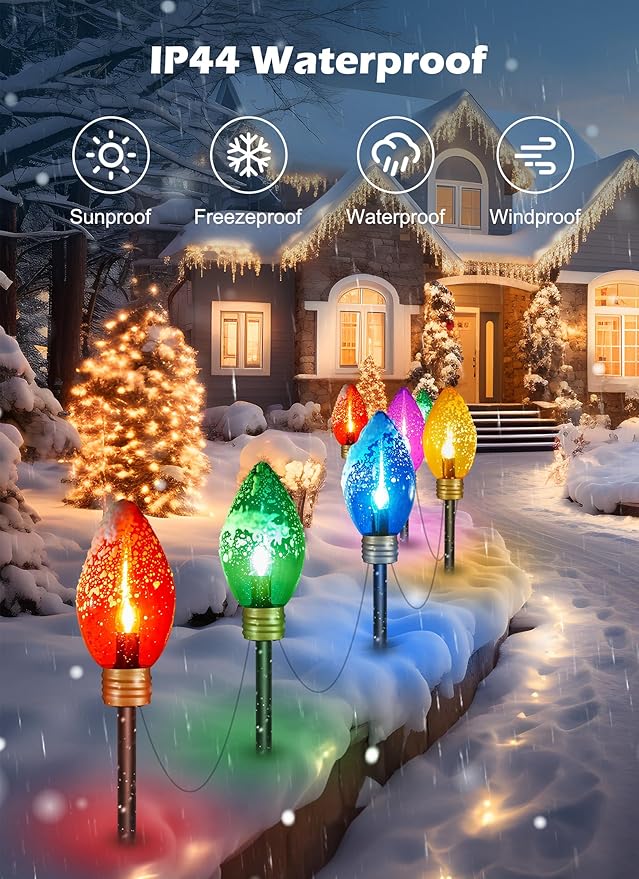 Super Jumbo 2 Pack Christmas & Pathway String Lights, Outdoor Xmas Decor - 11Ft 5 Jumbo LED Hanging Lights, Waterproof Lawn Decoration for Home Tree Roof Yard Garden, Multicolor