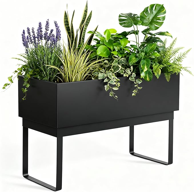 Worth Raised Metal Planter Box with Legs, 30"x12.5"x24" Elevated Garden Bed for Indoor & Outdoor Use – Matte Black Galvanized Steel Planter with Drainage Hole & Plug for Vegetables, Flowers & Herbs