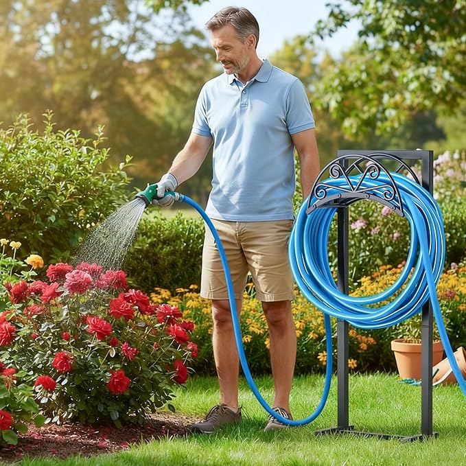 GREENER Garden Hose Holder, Water Hose Holder Holds Max 160ft Hose, Freestanding Hose Hanger, Heavy Duty Metal Hose Stand for Outside Yard Lawn