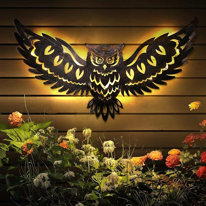 Solar Outdoor Wall Decor Lights Owl Hanging Wall Light Outdoor Metal Solar Garden Lights Porch Patio Yard Decorative Large 23.62inch Warm White