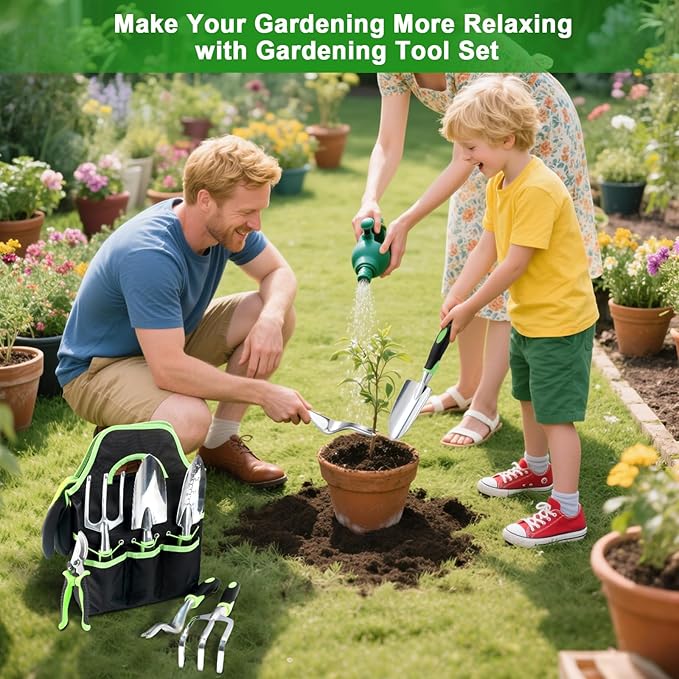 Garden Tools Set, 8 Piece Gardening Tools Set with Non Slip Ergonomic Handle, Heavy Duty Garden Tool Set with Storage Bag, Gardening Kit for Women, Garden Hand Tools Gift, Green