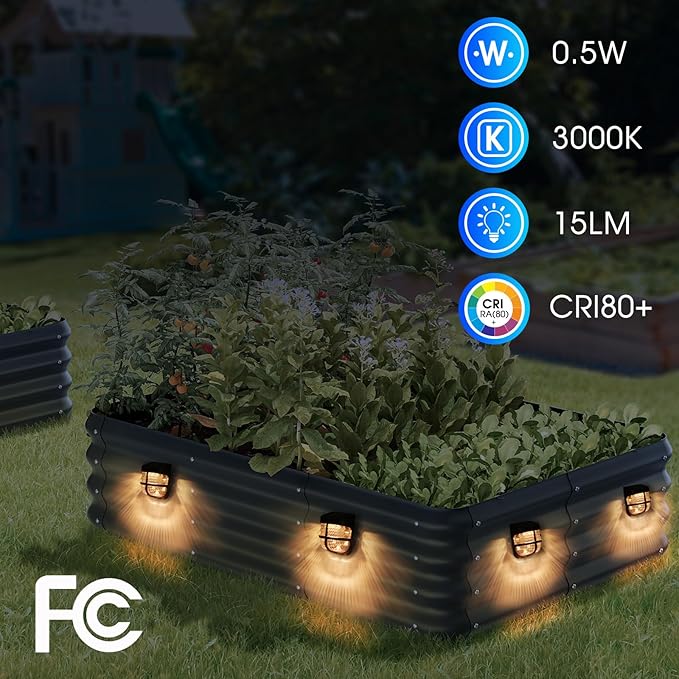 Energetic Solar Powered Garden Lights with Dusk to Dawn Sensors, Magnetic Solar Lights Outdoor, Waterproof, 3000K Warm White, LED Fence Lighting for Planter Raised Beds, FCC, Black, 4 Pack