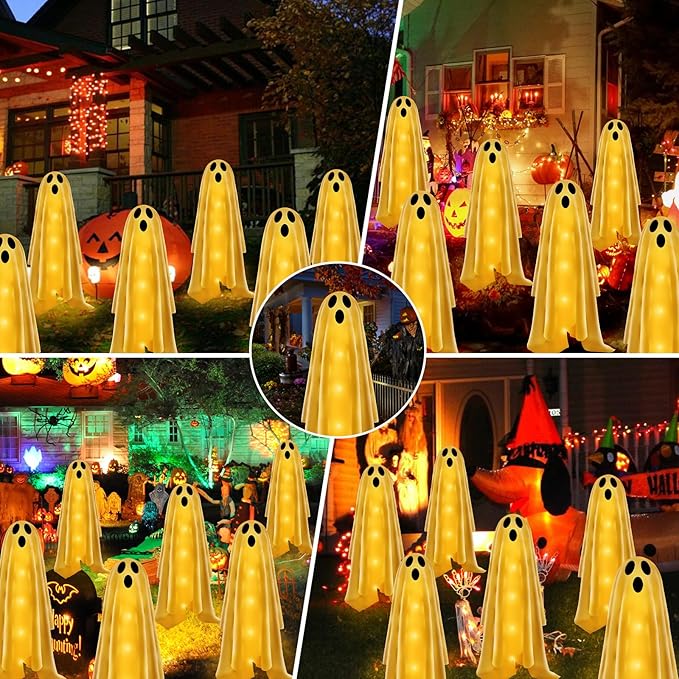 6PACKS Halloween Decorations Outdoor Solar Ghost Lights,Scary Ghost Decor with Spooky Party Gifts,Solar Halloween Path Lights for Front Porch/Yard/Garden/Home/Ghost Party Decor Warm White