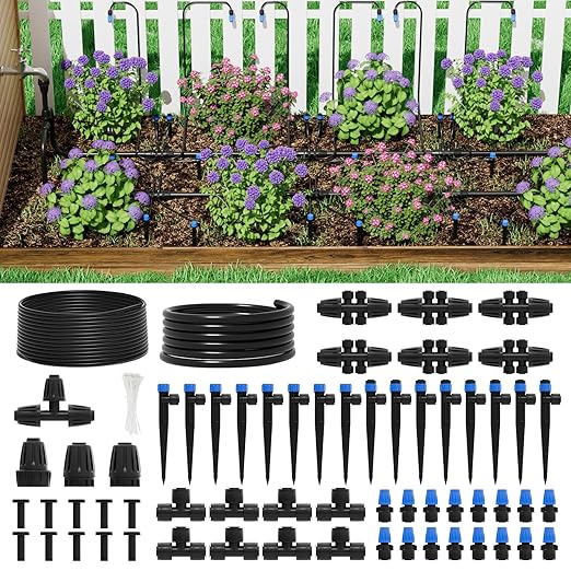 256FT Quick-Connect Drip Irrigation System Kit with 1/4” & 1/2” Fast-Lock Tubing, Adjustable Emitters & Sprinklers for Garden & Greenhouse