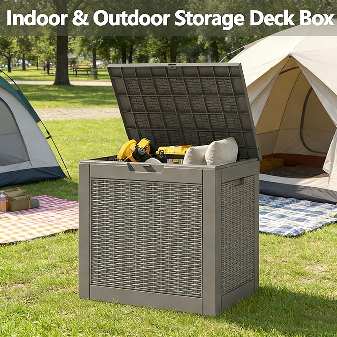 WTFGO 35 Gallon Outdoor Storage Deck Box Waterproof,Garden Tool,Backyard Cushion,Poolside Storage,Small Delivery Boxes for Outside,Lockable Lid,Rattan Black