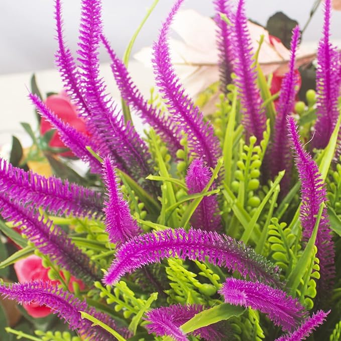 10 Bundles Artificial Plants Outdoor Fake Grass with Flowers UV Resistant Greenery Garden Porch Window Box Decorating (Magenta)