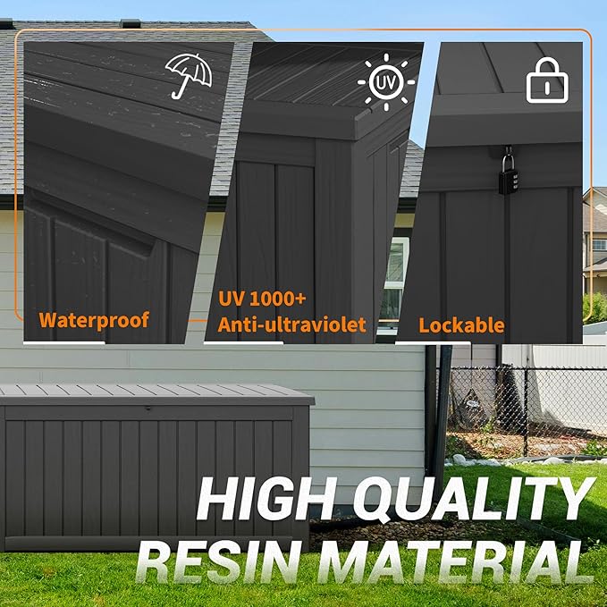 WTFGO 240 Gallon Large Resin deck box Waterproof,Outdoor Storage Bench,Patio Storage Box,Garden Tool Storage,UV-Resistant & All-Weather,Wood-like Striped BLack