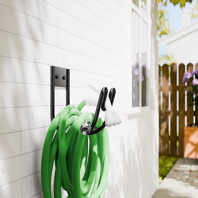Josmimic Black Metal Garden Hose Holder - Wall Mounted Water Hose Holder - Hose Hanger Heavy Duty for Water Hose Extension Cords Vacuum Hose (2 Pack)