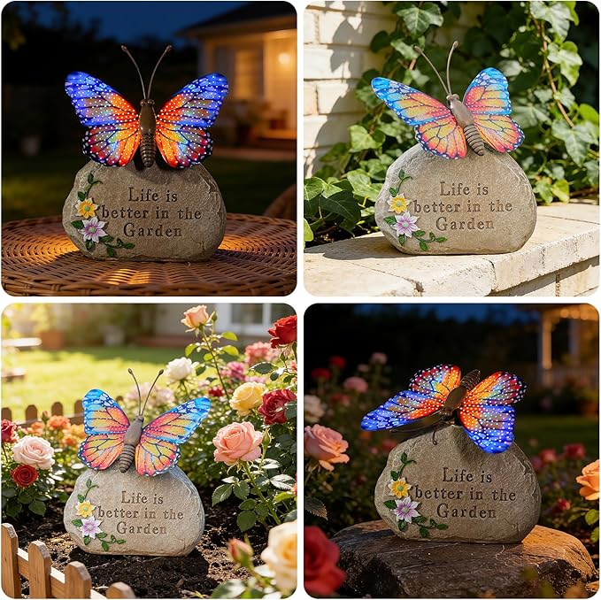 Solar LED Butterfly Garden Statue with Sparkling Light-Up Wings - Outdoor Yard Patio Decor Figurine, for Women Mom Grandma (Orange)