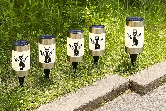 Solar Cat Memorial Garden Light, Outdoor Pet Remembrance Keepsake with Angel Silhouette, Automatic Dusk to Dawn LED Yard Stake