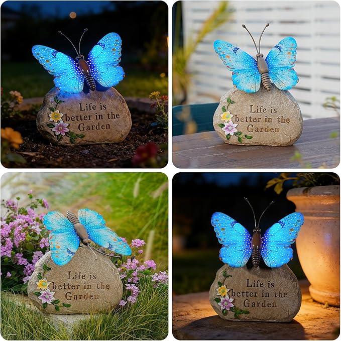 Solar LED Butterfly Garden Statue with Sparkling Light-Up Wings - Outdoor Yard Patio Decor Figurine, for Women Mom Grandma (Blue)