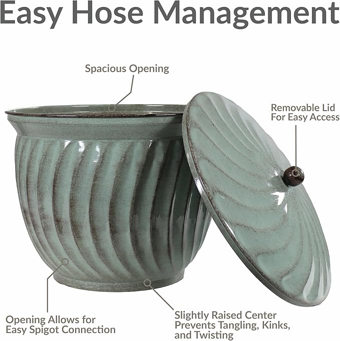 Sunnydaze Metal Garden Hose Holder Pot with Lid - UV-Resistant 145-Foot Garden Hose Pot Holder - Sage Glaze Finish