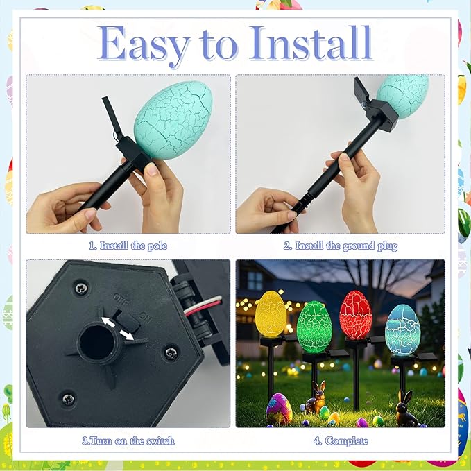 4 Pack Solar Easter Egg Lights Outdoor, Waterproof Solar Easter Yard Decorations Outdoor Easters Yard Stakes Lights for Outside Lawn Walkway Patio Cemetery Grave (Red/Yellow/Green/Blue)