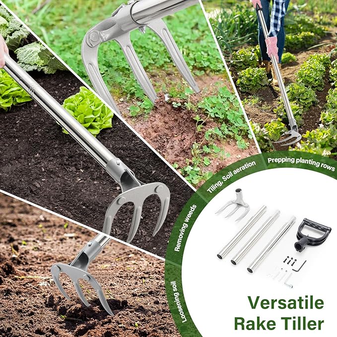 Hand Rake Garden Tool - 57" Long Handle Soil Tiller Cultivator Weeding Rake, 3-Tine Heavy Duty Carbon Steel with D-Grip for Effortless Weeds Digging, Soil Loosening, Planting