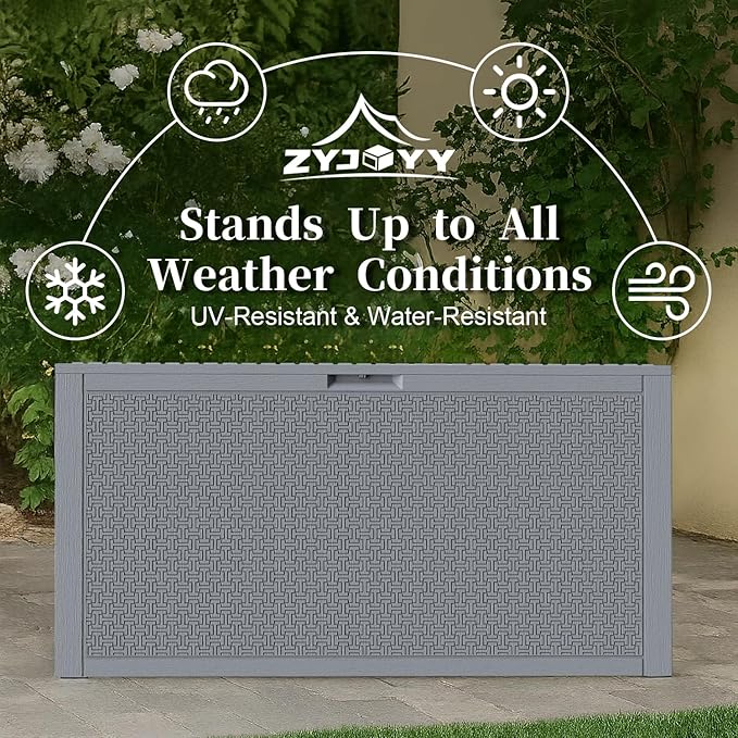 ZYJOYY Outdoor Storage Box, 90 Gallon Deck Box, Waterproof Resin Storage Box for Patio Cushions, Gardening Tools, Lockable, UV Resistant, Grey