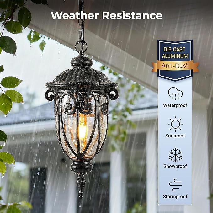 VIANIS Dusk to Dawn Outdoor Hanging Lights, Bronze Vintage Outdoor Pendant Light, Waterproof with Seed Glass, Anti-Rust Adjustable Length Chandelier, Porch Ceiling Light for Garden, Yard, Doorway