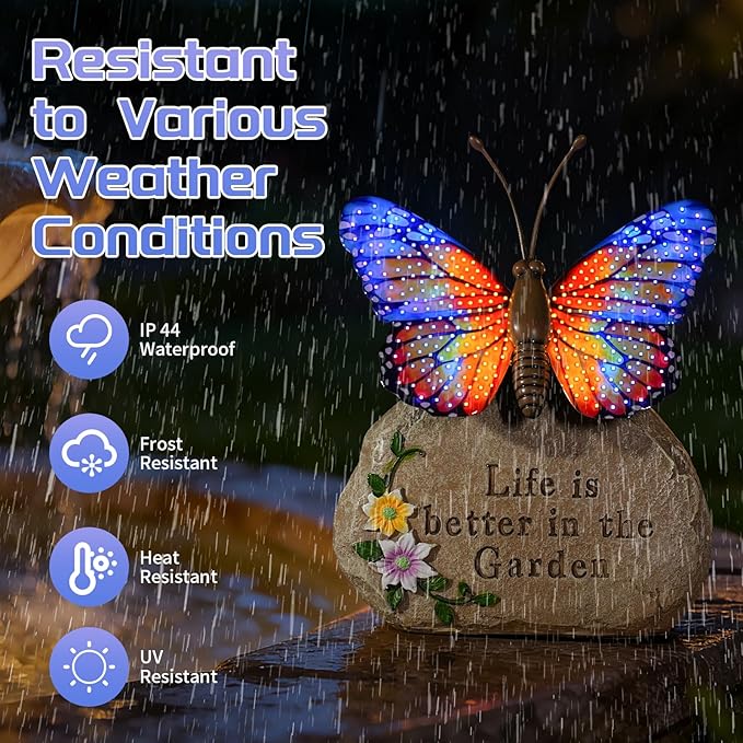 Solar LED Butterfly Garden Statue with Sparkling Light-Up Wings - Outdoor Yard Patio Decor Figurine, for Women Mom Grandma (Orange)