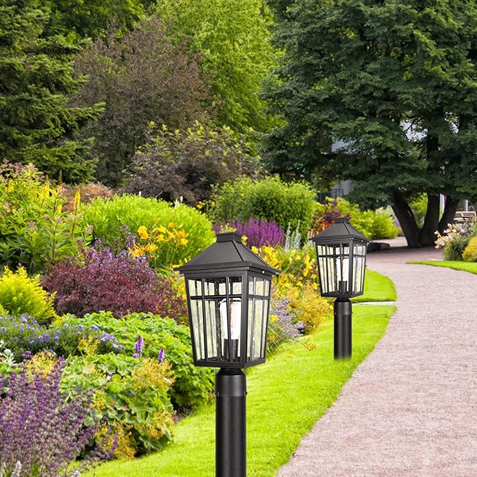 Darkaway Large Outdoor Post Lights Lamp Post Light Fixture, 17inch Waterproof Aluminum Post Lamp with Glass, Fence Deck Lighting for Garden, Patio, Pathway (Large，Black)